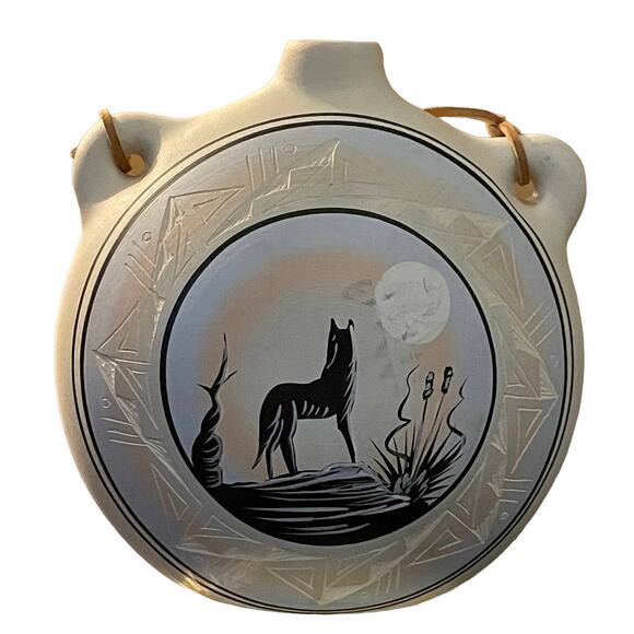 Nesbitt Other - VINTAGE NATIVE AMERICAN WHITE JUG FEATURING HOWLING WOLF LEATHER HANDLE NESBITT